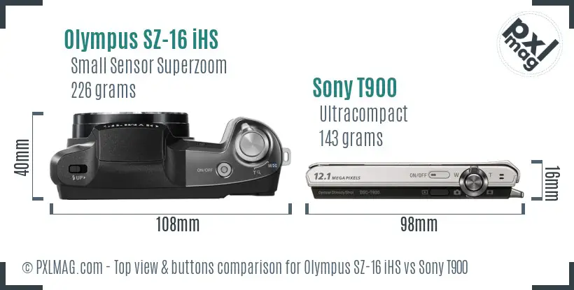 Olympus SZ-16 iHS vs Sony T900 top view buttons comparison