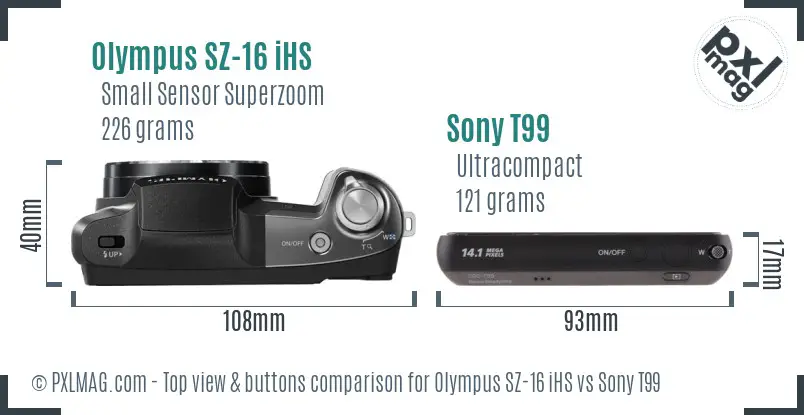 Olympus SZ-16 iHS vs Sony T99 top view buttons comparison