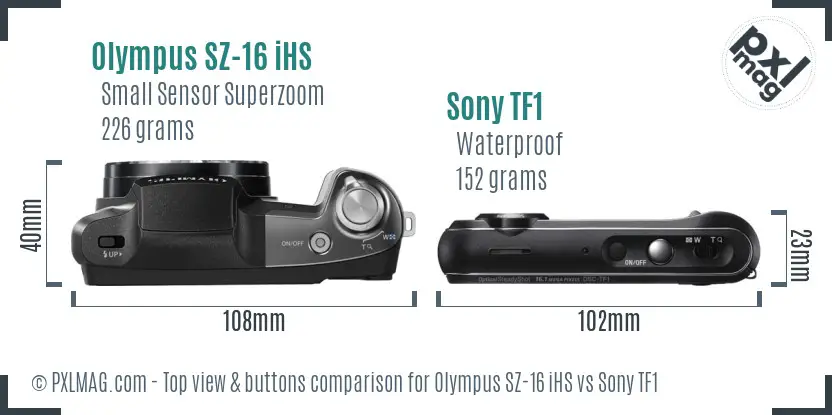 Olympus SZ-16 iHS vs Sony TF1 top view buttons comparison