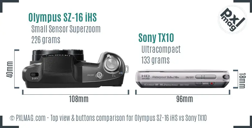 Olympus SZ-16 iHS vs Sony TX10 top view buttons comparison
