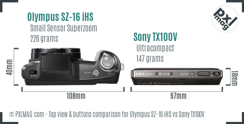 Olympus SZ-16 iHS vs Sony TX100V top view buttons comparison