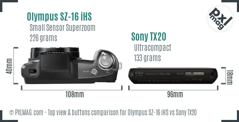 Olympus SZ-16 iHS vs Sony TX20 top view buttons comparison