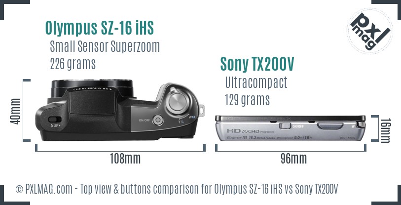 Olympus SZ-16 iHS vs Sony TX200V top view buttons comparison