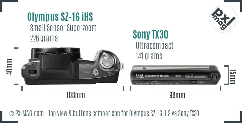 Olympus SZ-16 iHS vs Sony TX30 top view buttons comparison Olympus SZ-16 iHS vs Sony TX30 top view buttons comparison