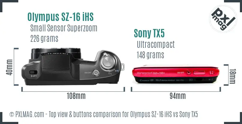 Olympus SZ-16 iHS vs Sony TX5 top view buttons comparison
