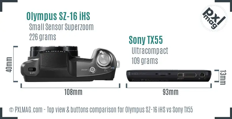 Olympus SZ-16 iHS vs Sony TX55 top view buttons comparison Olympus SZ-16 iHS vs Sony TX55 top view buttons comparison