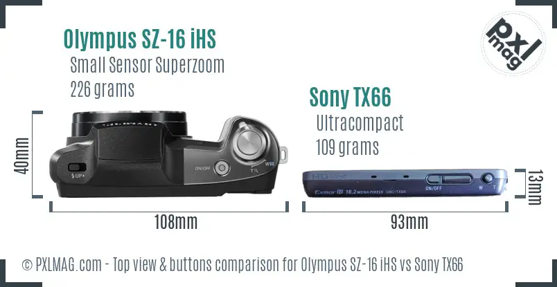 Olympus SZ-16 iHS vs Sony TX66 top view buttons comparison