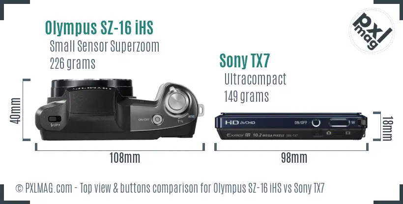 Olympus SZ-16 iHS vs Sony TX7 top view buttons comparison