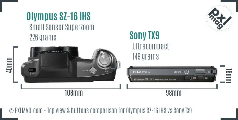 Olympus SZ-16 iHS vs Sony TX9 top view buttons comparison