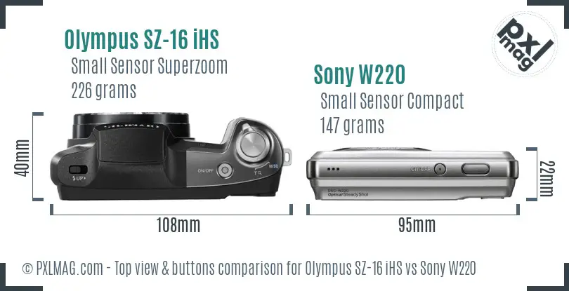 Olympus SZ-16 iHS vs Sony W220 top view buttons comparison