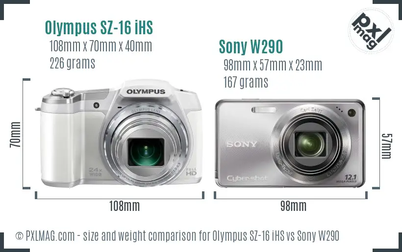 Olympus SZ-16 iHS vs Sony W290 size comparison