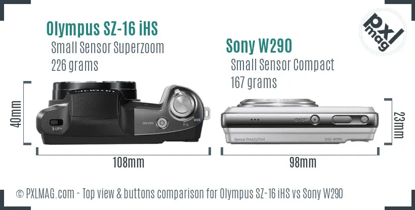 Olympus SZ-16 iHS vs Sony W290 top view buttons comparison