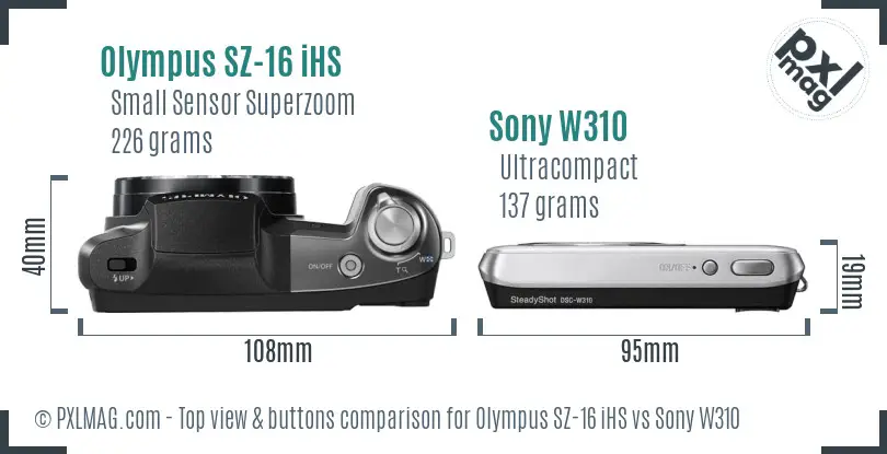 Olympus SZ-16 iHS vs Sony W310 top view buttons comparison