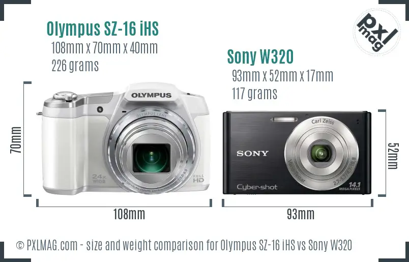 Olympus SZ-16 iHS vs Sony W320 size comparison