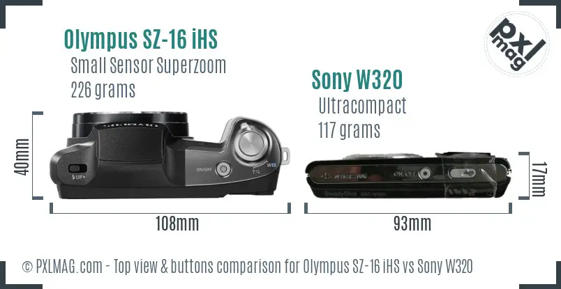 Olympus SZ-16 iHS vs Sony W320 top view buttons comparison