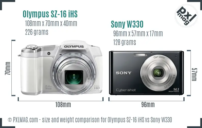 Olympus SZ-16 iHS vs Sony W330 size comparison