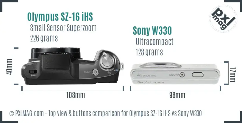 Olympus SZ-16 iHS vs Sony W330 top view buttons comparison