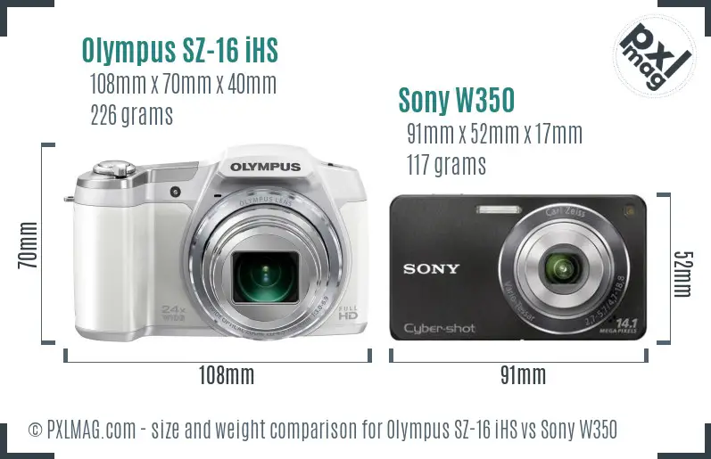 Olympus SZ-16 iHS vs Sony W350 size comparison