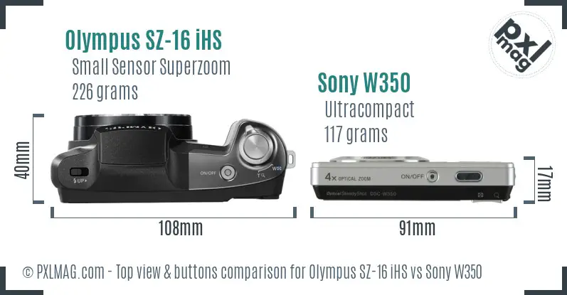 Olympus SZ-16 iHS vs Sony W350 top view buttons comparison