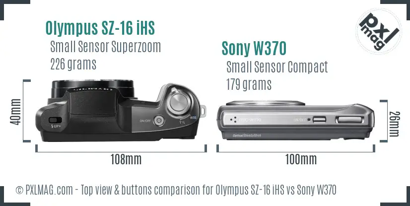 Olympus SZ-16 iHS vs Sony W370 top view buttons comparison