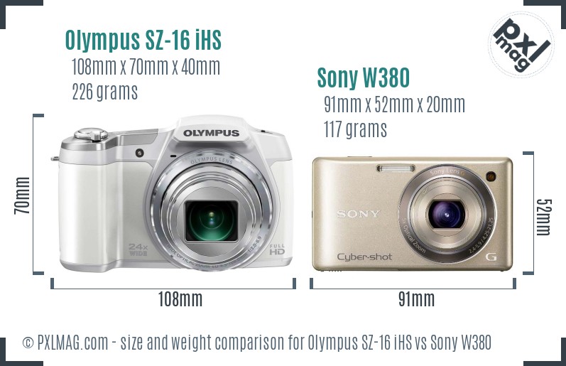 Olympus SZ-16 iHS vs Sony W380 size comparison