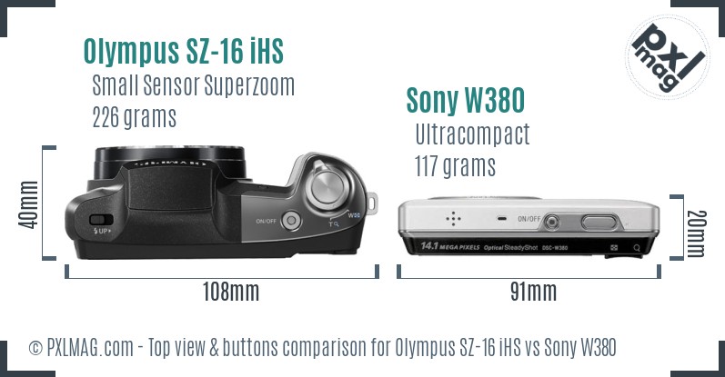 Olympus SZ-16 iHS vs Sony W380 top view buttons comparison