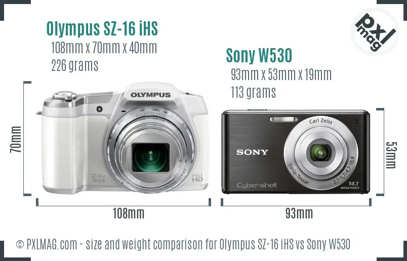 Olympus SZ-16 iHS vs Sony W530 size comparison