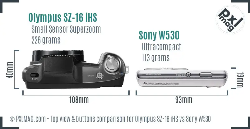 Olympus SZ-16 iHS vs Sony W530 top view buttons comparison