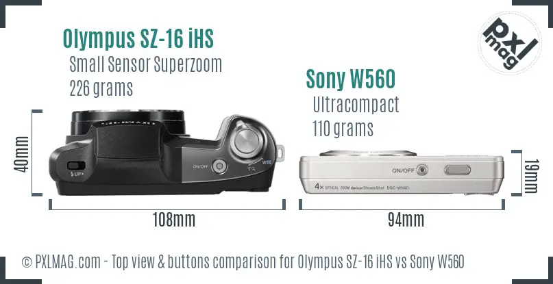 Olympus SZ-16 iHS vs Sony W560 top view buttons comparison
