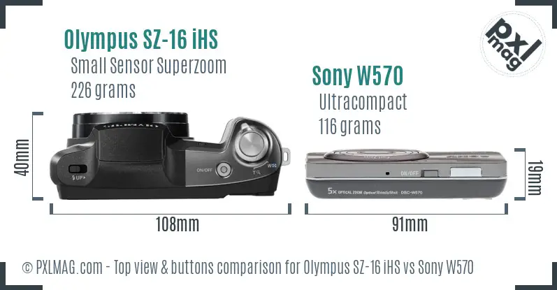 Olympus SZ-16 iHS vs Sony W570 top view buttons comparison