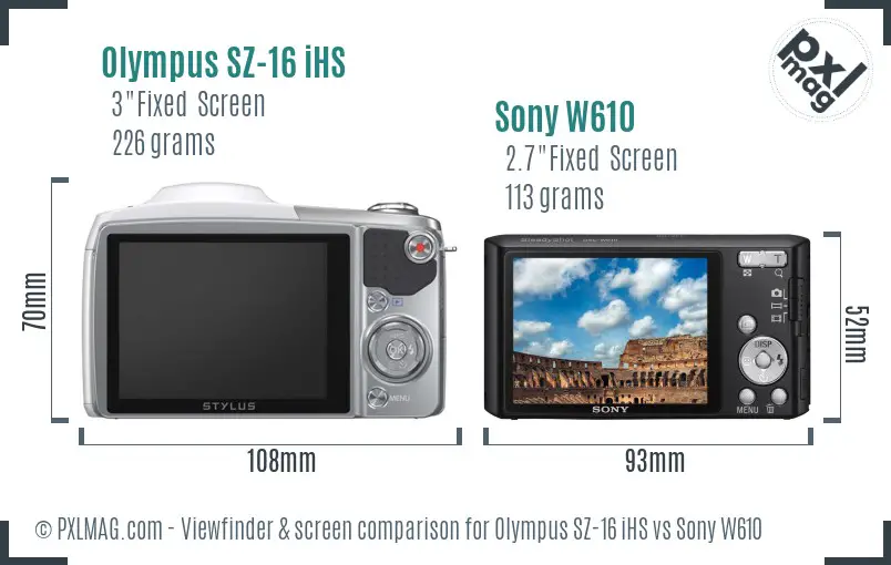 Olympus SZ-16 iHS vs Sony W610 Screen and Viewfinder comparison