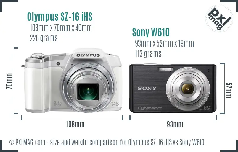 Olympus SZ-16 iHS vs Sony W610 size comparison