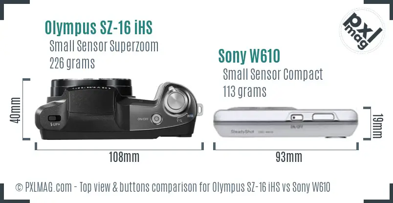 Olympus SZ-16 iHS vs Sony W610 top view buttons comparison