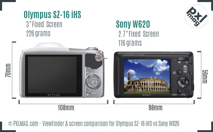 Olympus SZ-16 iHS vs Sony W620 Screen and Viewfinder comparison