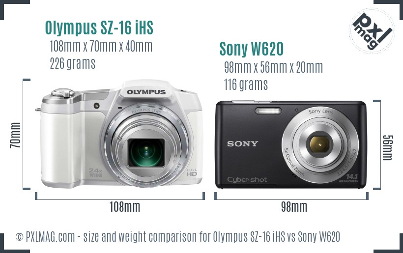 Olympus SZ-16 iHS vs Sony W620 size comparison