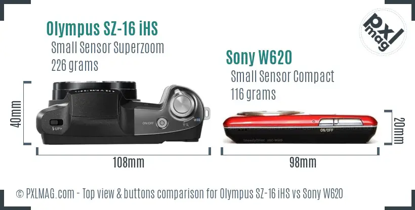 Olympus SZ-16 iHS vs Sony W620 top view buttons comparison