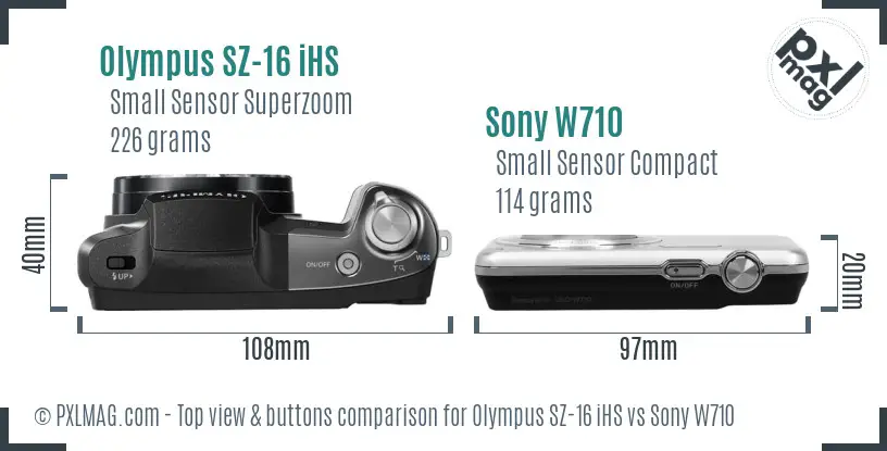 Olympus SZ-16 iHS vs Sony W710 top view buttons comparison