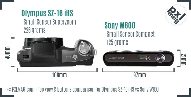 Olympus SZ-16 iHS vs Sony W800 top view buttons comparison