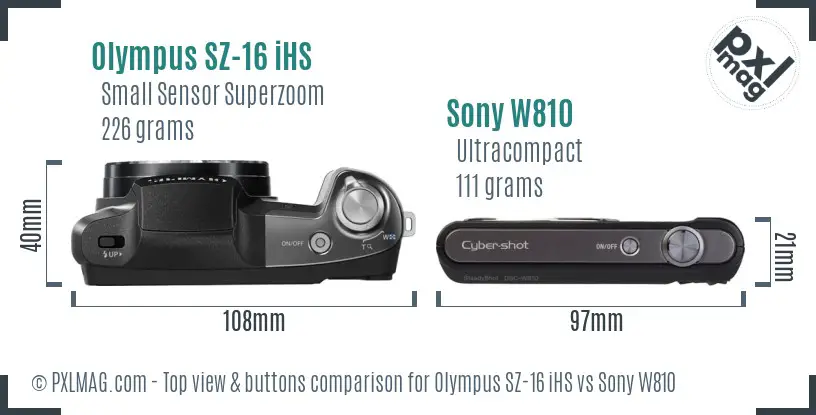 Olympus SZ-16 iHS vs Sony W810 top view buttons comparison