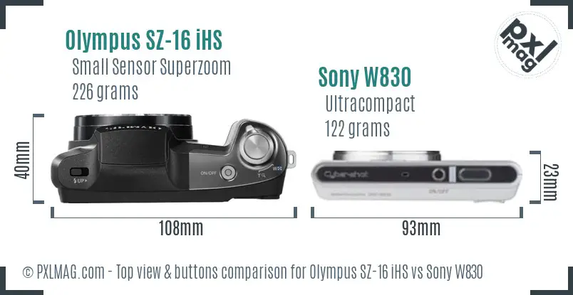 Olympus SZ-16 iHS vs Sony W830 top view buttons comparison