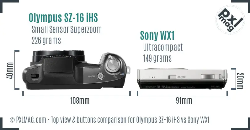 Olympus SZ-16 iHS vs Sony WX1 top view buttons comparison