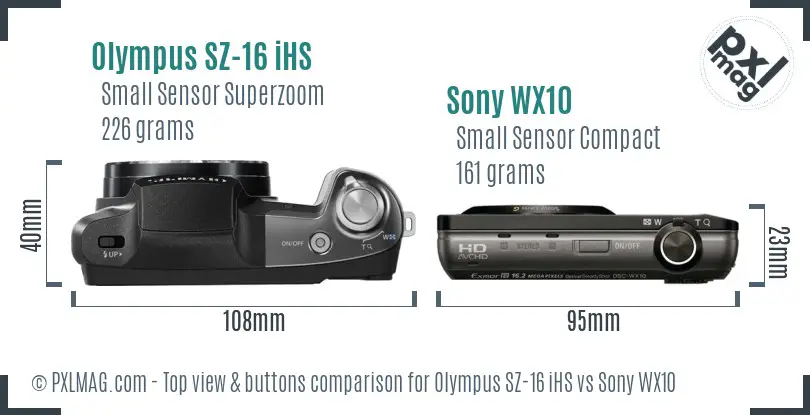 Olympus SZ-16 iHS vs Sony WX10 top view buttons comparison