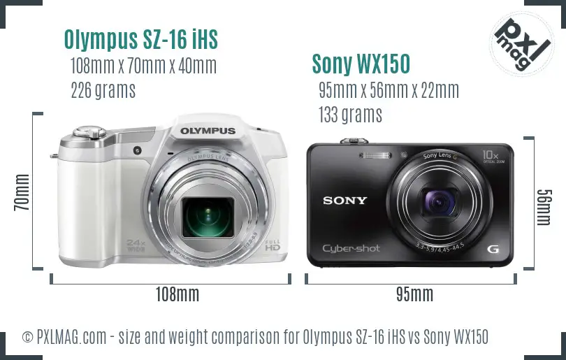 Olympus SZ-16 iHS vs Sony WX150 size comparison