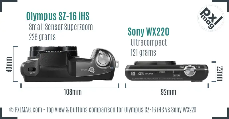 Olympus SZ-16 iHS vs Sony WX220 top view buttons comparison