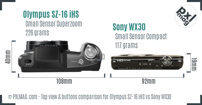 Olympus SZ-16 iHS vs Sony WX30 top view buttons comparison