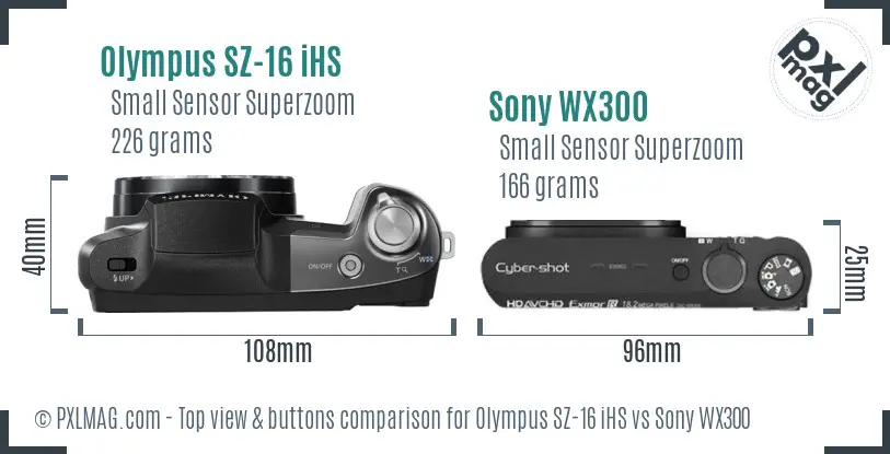 Olympus SZ-16 iHS vs Sony WX300 top view buttons comparison
