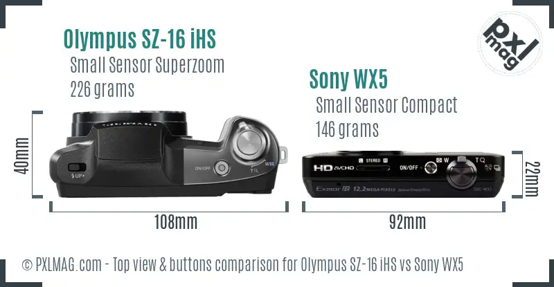 Olympus SZ-16 iHS vs Sony WX5 top view buttons comparison