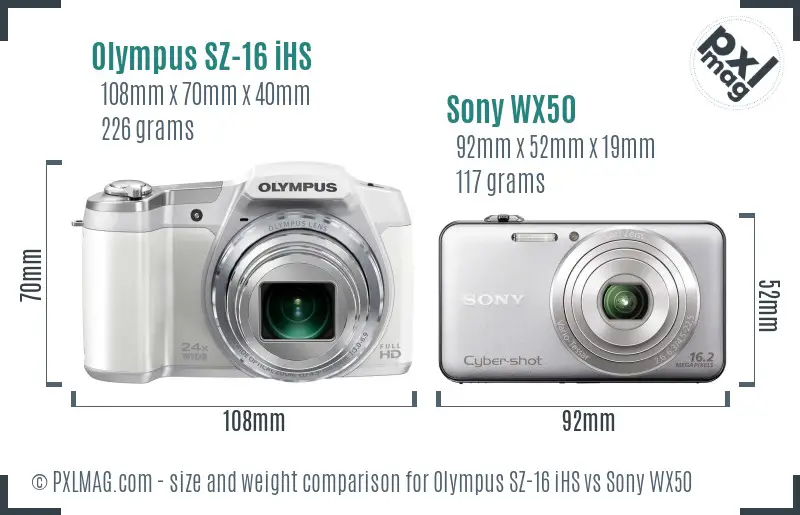 Olympus SZ-16 iHS vs Sony WX50 size comparison