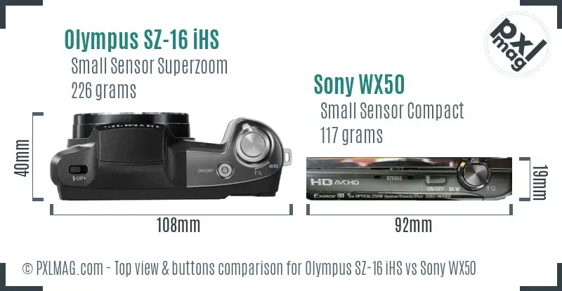 Olympus SZ-16 iHS vs Sony WX50 top view buttons comparison