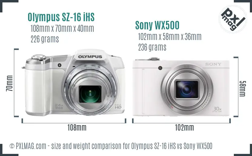 Olympus SZ-16 iHS vs Sony WX500 size comparison